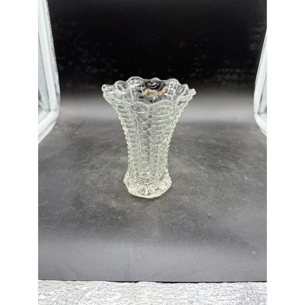 Vintage Clear Hobnail Pressed‎ Glass Vase Ruffled Rim Starburst Base 5 Inch